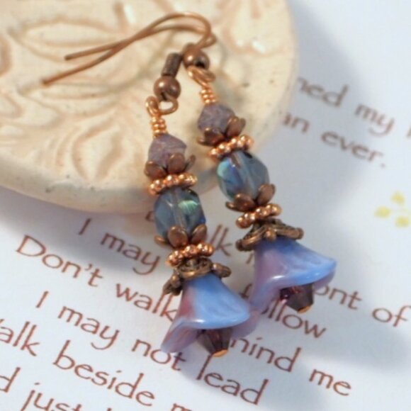 Copper Floral Earrings Boho Chic Czech Earrings  Pierced or Clip-on Earrings - Picture 6 of 10